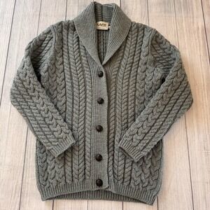 SAOL Ireland 100% Merino Wool Cable Knit Cardigan Sweater Green Size Small I